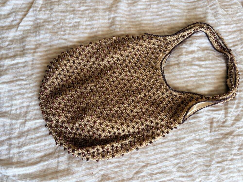 American Eagle Outfitters Wood Beaded Shoulder Bag Brown Beige Woven Purse
